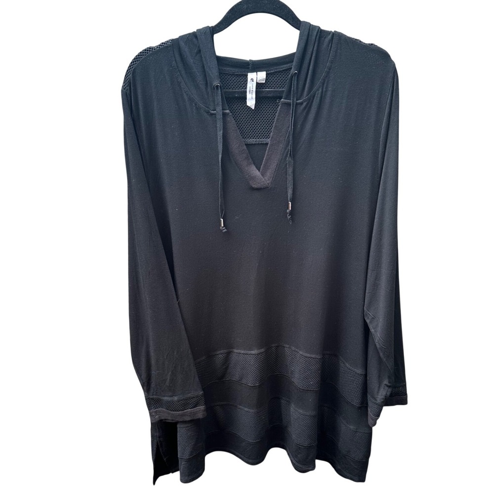 Cable & Gauge Woman Black Mesh Trim Hooded Tunic Top Plus Size 2X V-Neck